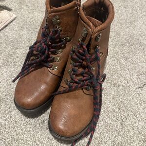 Torrid Brown Ankle Boots with Black and Red Laces